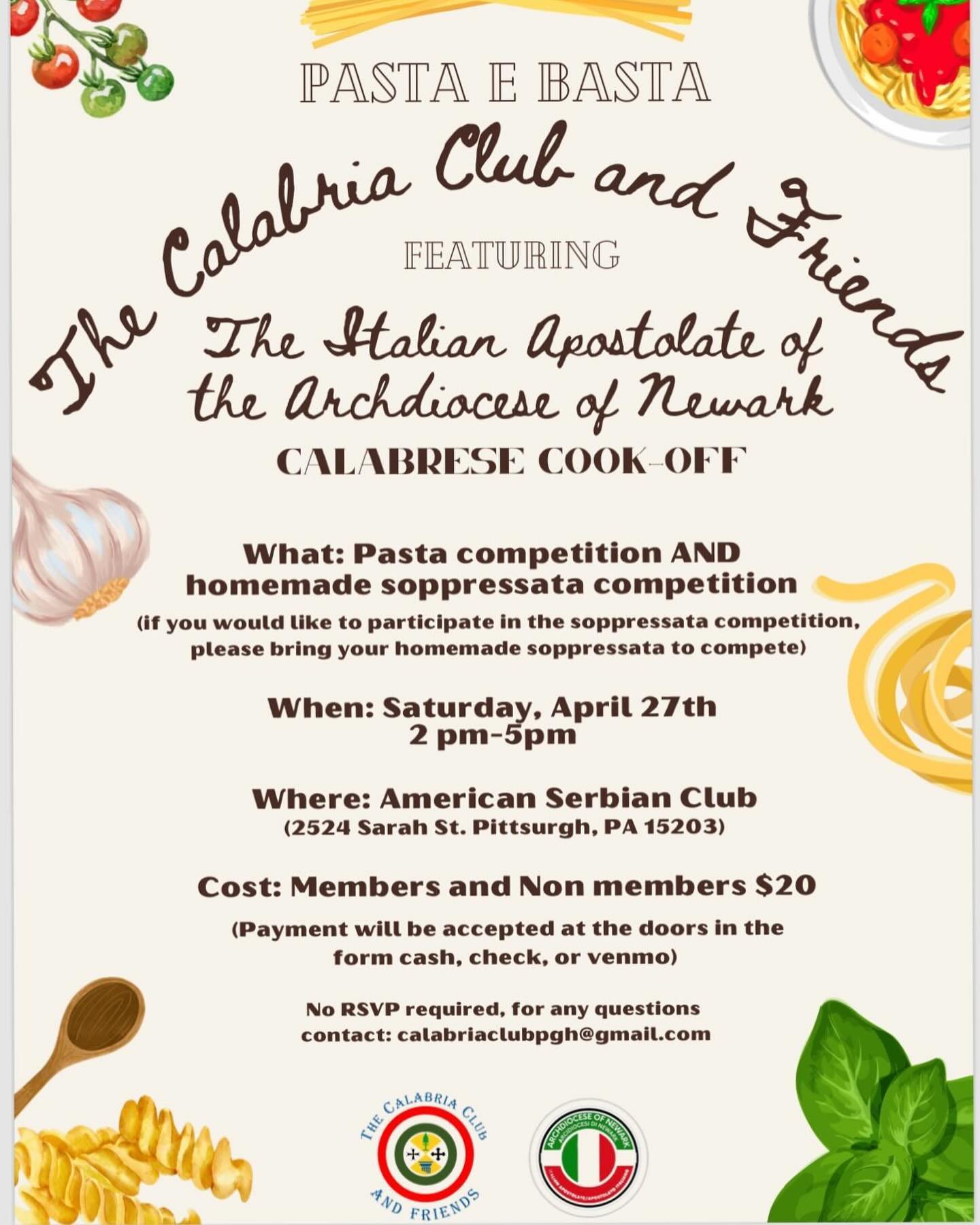 Come join us in the South Side on April 27th as we welcome the @newark_italian_apostolato for a Calabrese Cook Off !

This event features a Pasta e Ceci cook off between a team comprised of our friends from Newark, NJ &ldquo;versus&rdquo; a team from