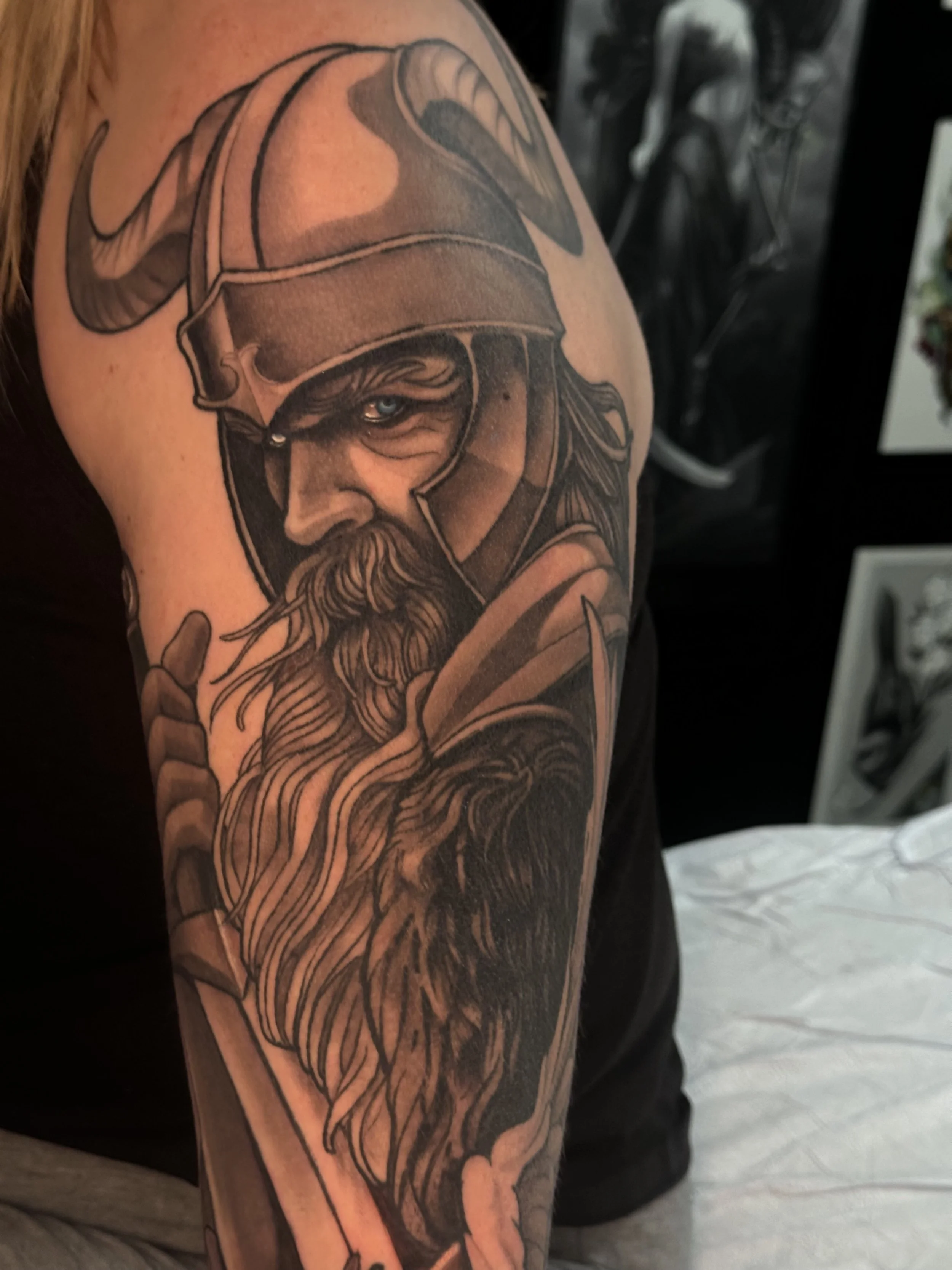 viking tattoo, viking warrior, realism black and gray, neo neo romantic, Colorado Springs tattoo. Colorado