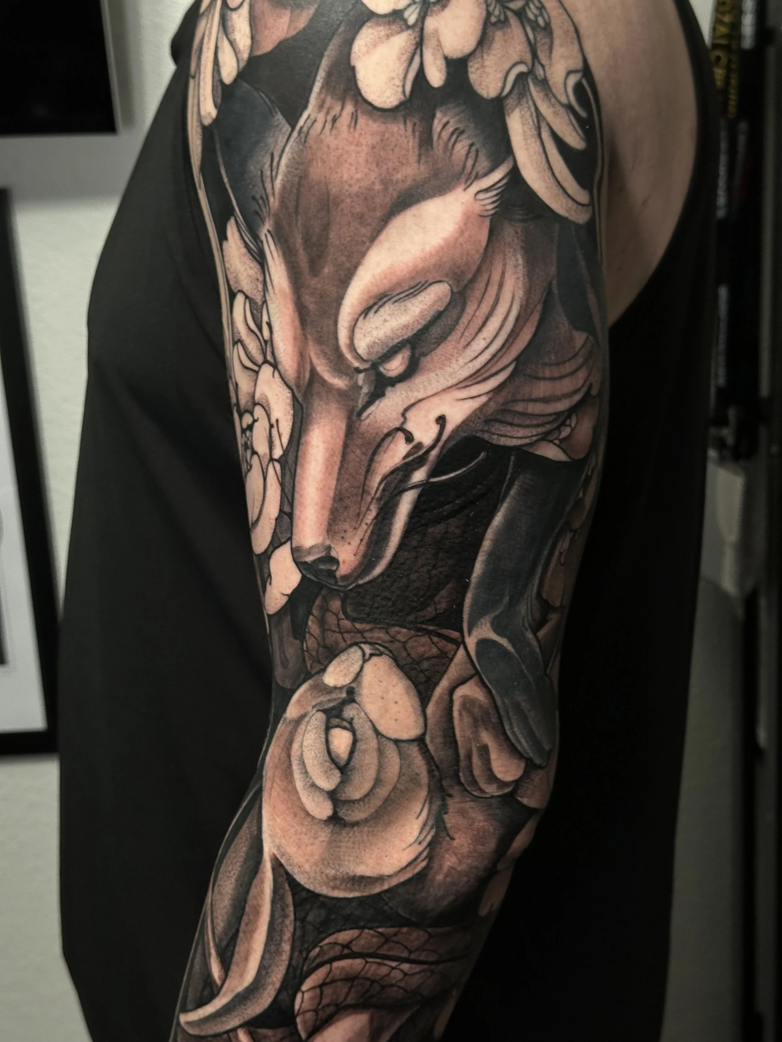neo traditional, illustrative, tattoo, large scale, sleeve. fox tattoo, rabbit tattoo, hare tattoo, sleeve