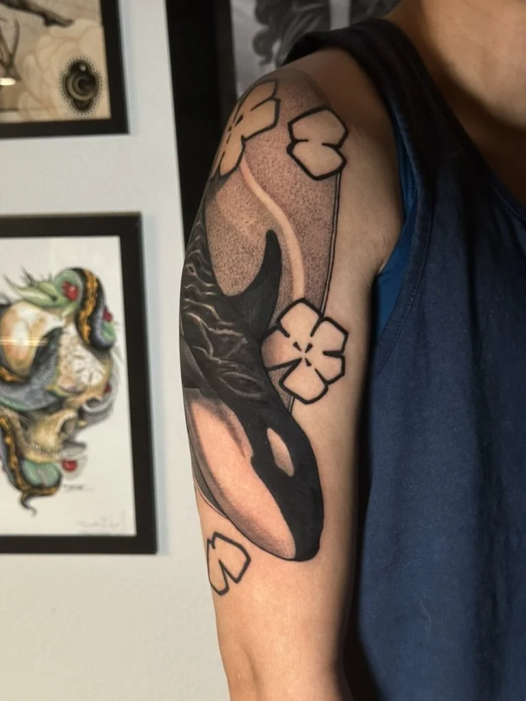 orca tattoo, orca whale tattoo, custom tattoo, flow, flowers, floral, sleeve, shoulder cap, blackwork, dotwork, black and gray
