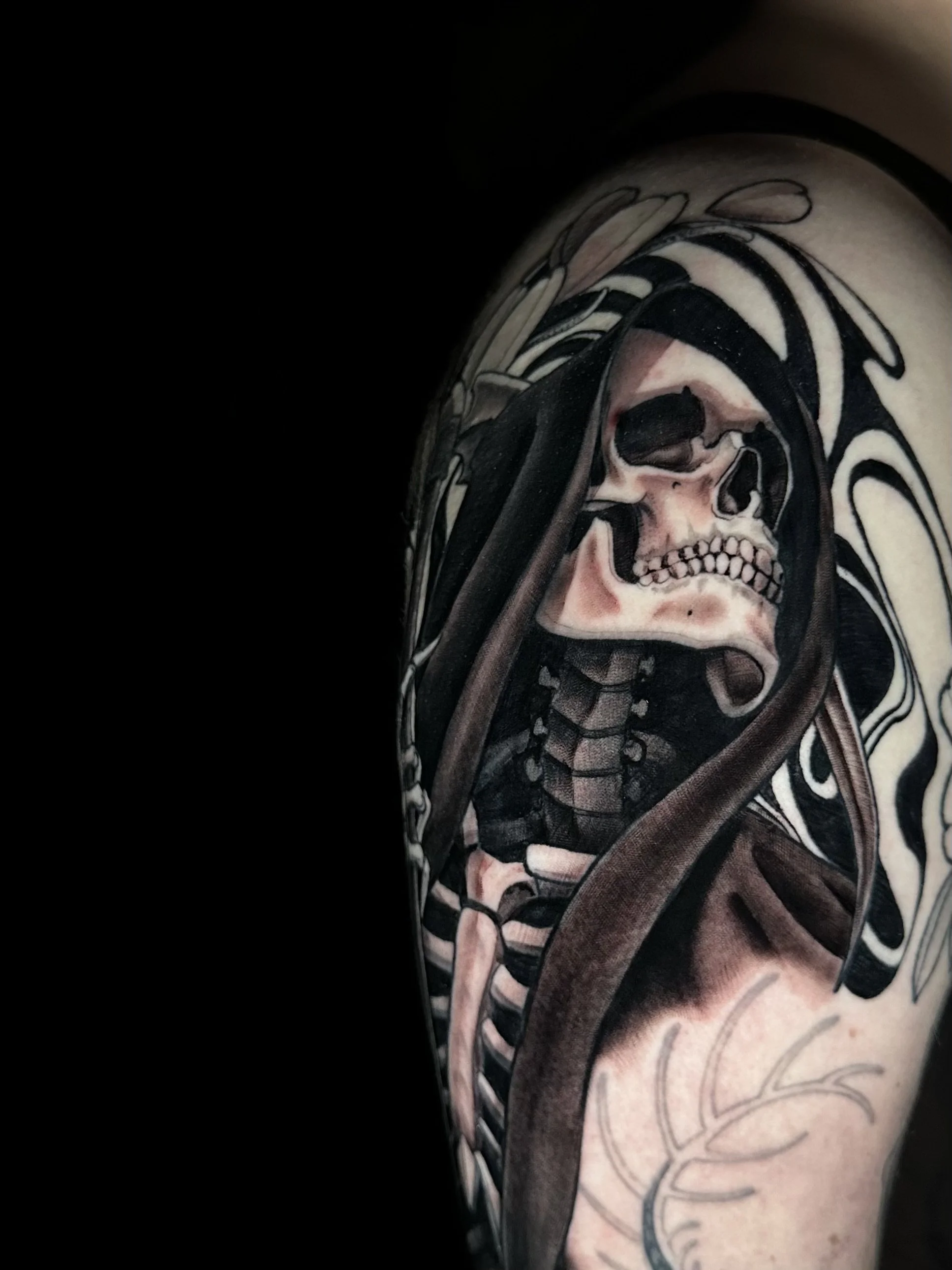 Reaper tattoo, suminagashi inspired design, black and gray, realism, blackwork, sleeve, large tattoo, grim reaper