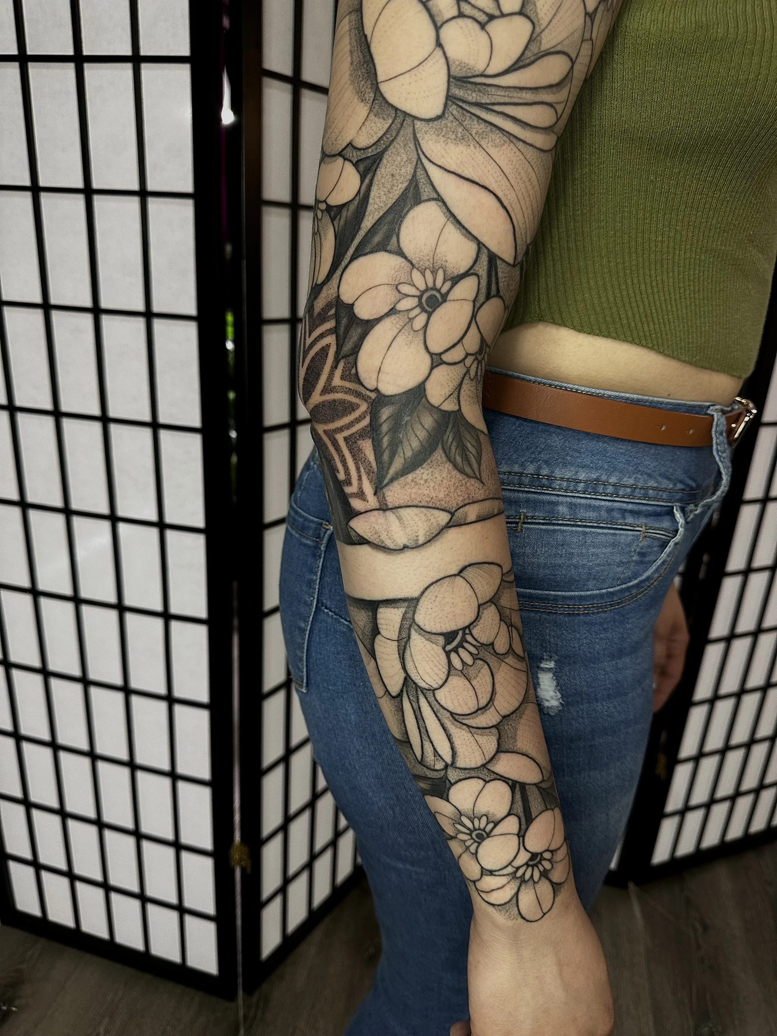 floral sleeve, tattoo, peonies, blossoms blossom tatttoo