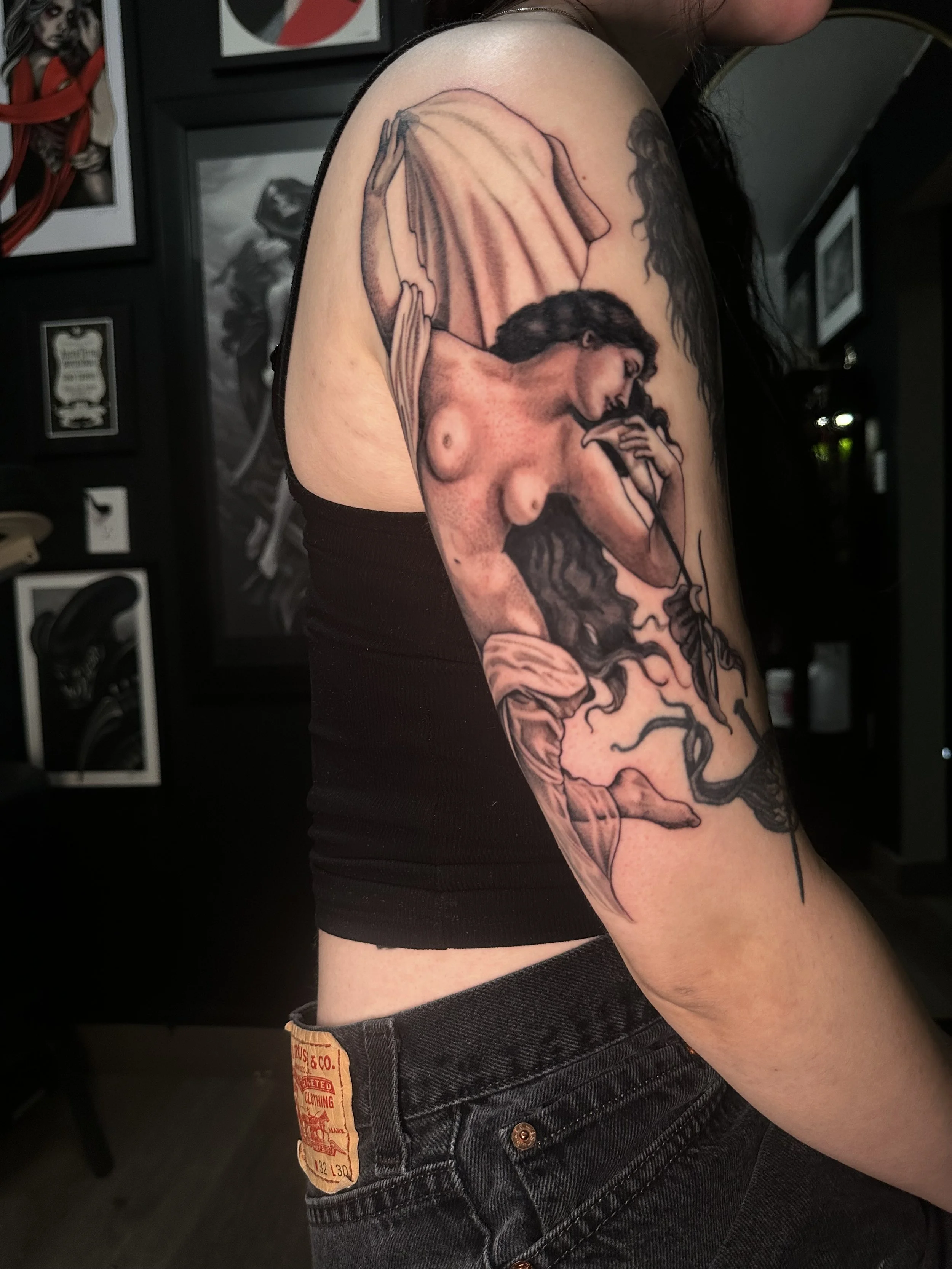 illustrative, painting tattoo, re design of original, re designed to fit, Dawn (Girl with the Lily) painting by Bouguereau