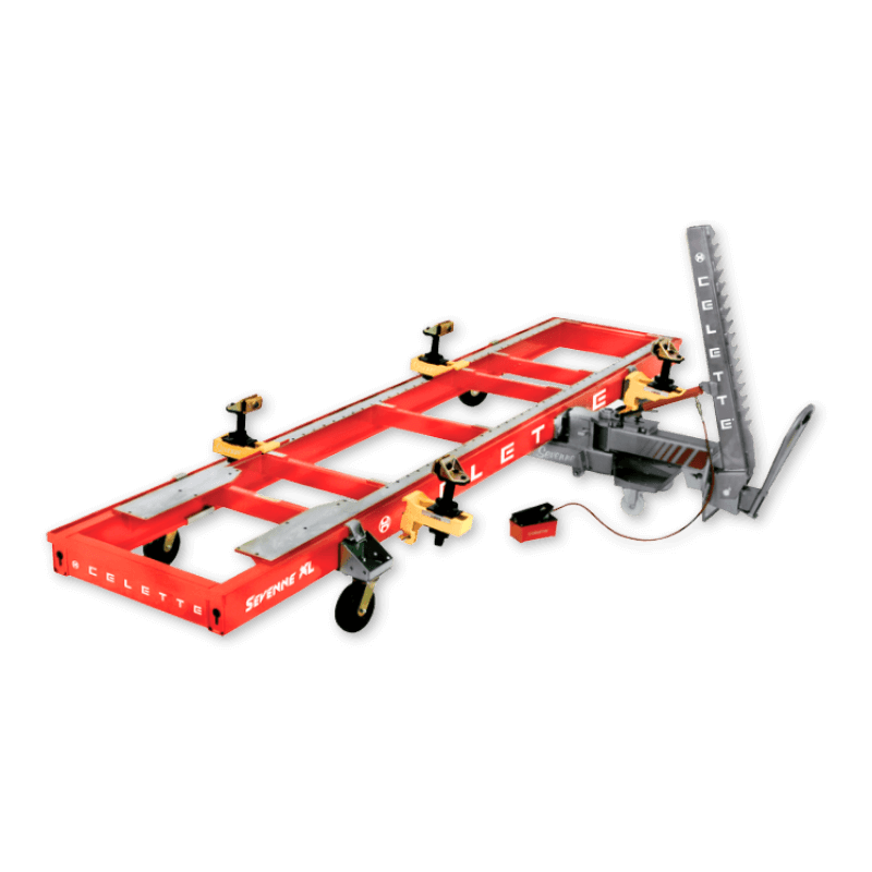 Celette Sevenne XL extended-length mobile repair bench for commercial vehicles with universal anchoring frame and 2-post lift accessibility.