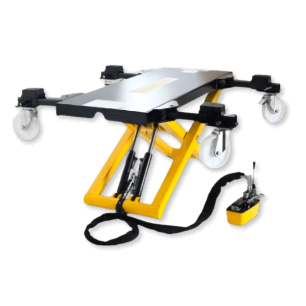 Spider rolling lift system allowing vehicle movement with lift for flexible collision repair workshop positioning