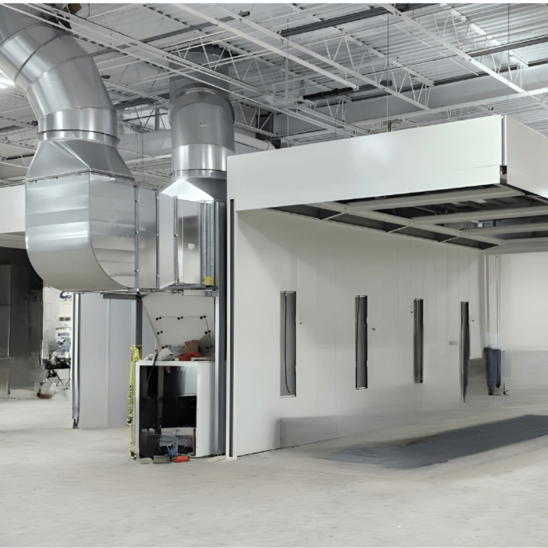 Automotive paint booth with ventilation and air handling system for collision repair
