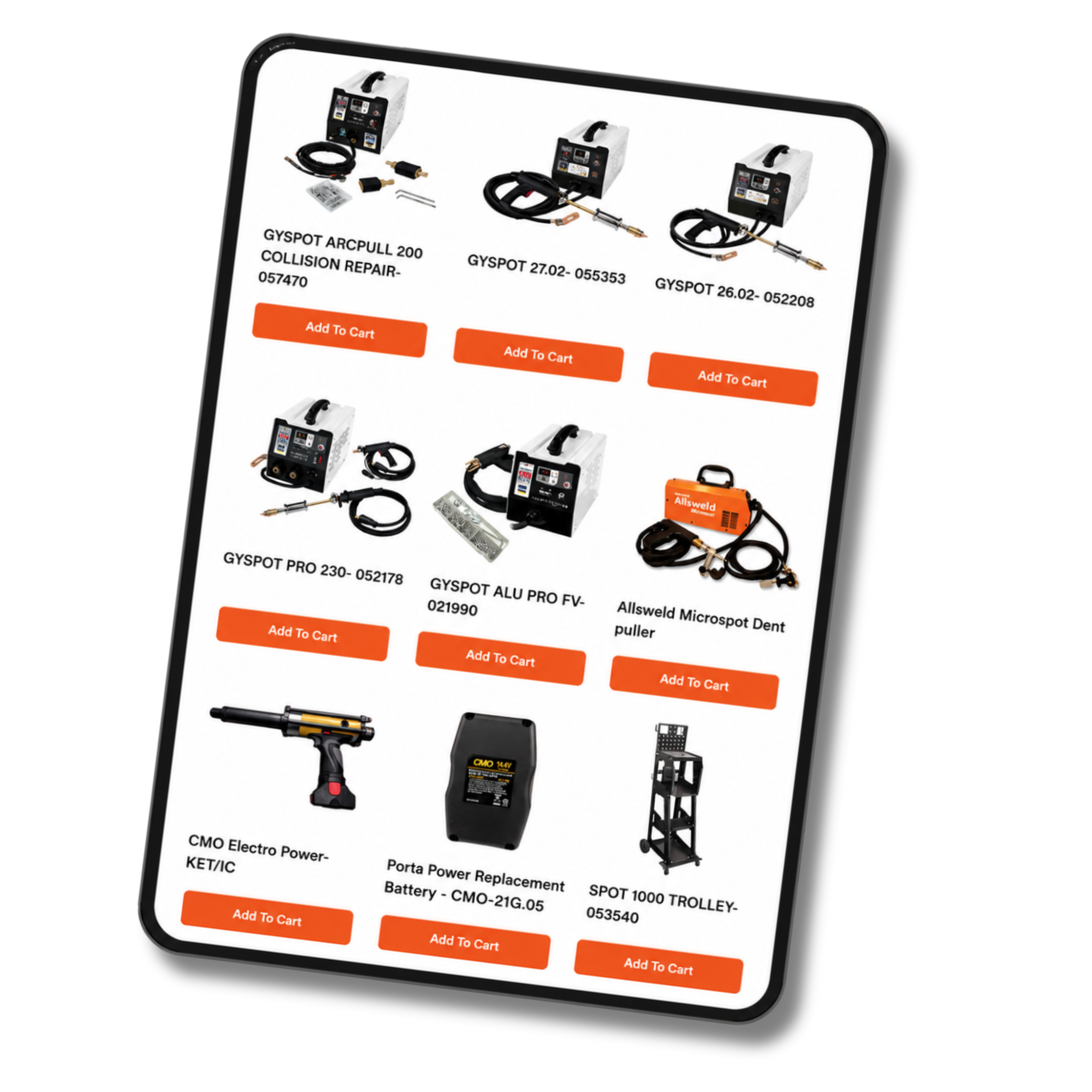 A tablet displays an online store with various welding equipment and accessories, including different welding machines, tools