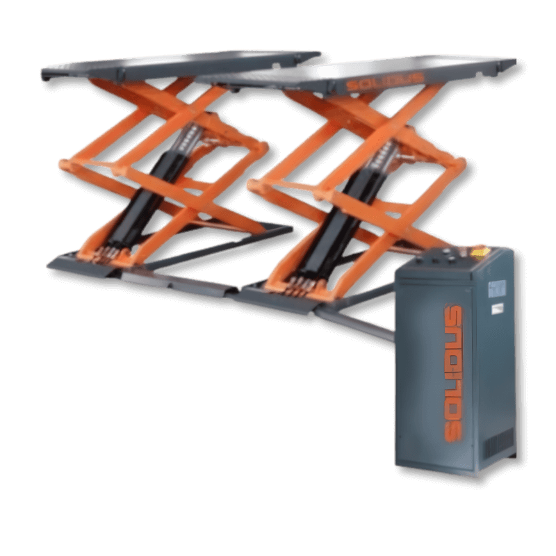 7000 lb capacity low-profile platform lift with drive-on ramps, infrared synchronization system, and pneumatic safety locks for collision repair shops