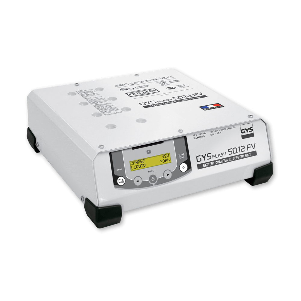 GYS Flash 50.12 FV battery support unit for collision repair shops providing diagnostic charging, battery replacement support, and stable power supply
