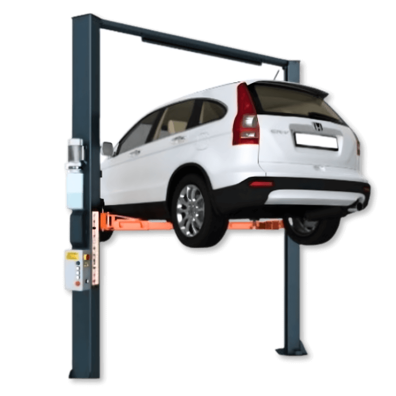 Two-post automotive lift with baseless design, triple-stage arms, and up to 12,000 lb lifting capacity