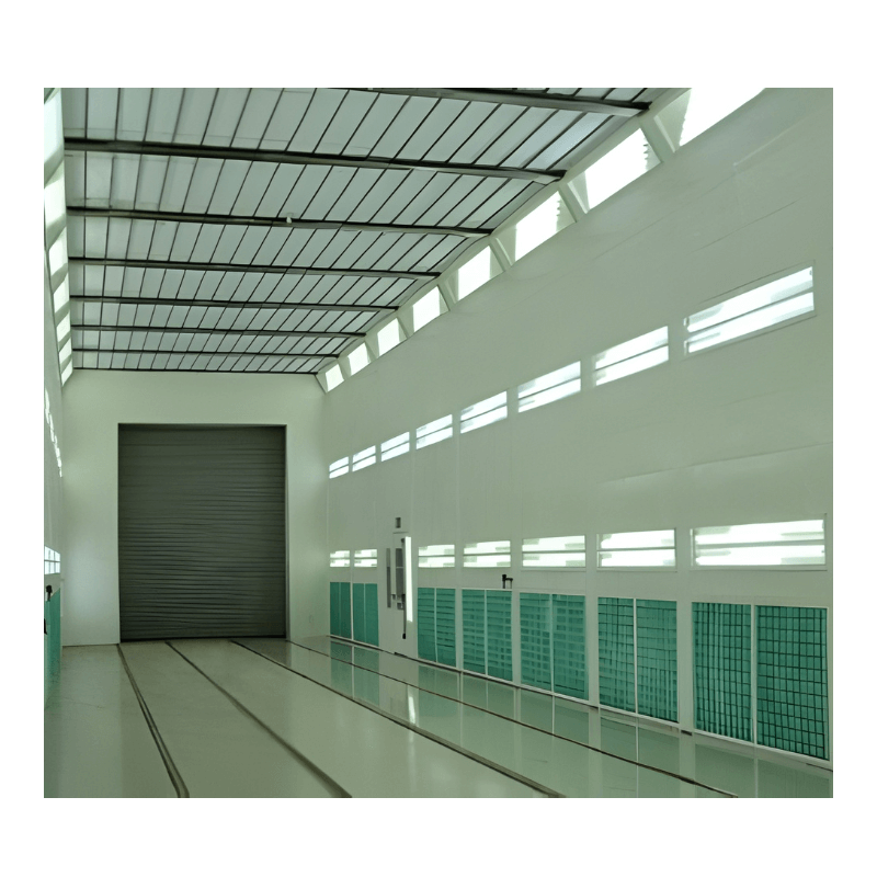Enclosed paint booth designed for professional collision repair refinishing