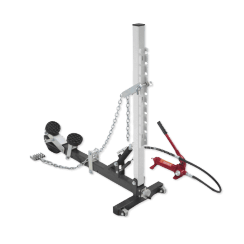 Hydraulic dent straightening bracket with height adjustment and body panel supports for collision repair