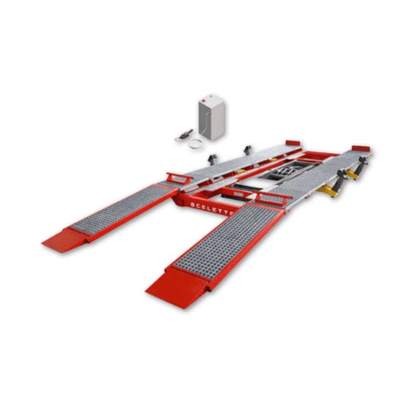 Celette Smart Rhone collision repair bench with quick anchoring system, high lifting capacity, and adjustable platforms for light to heavy vehicle repairs