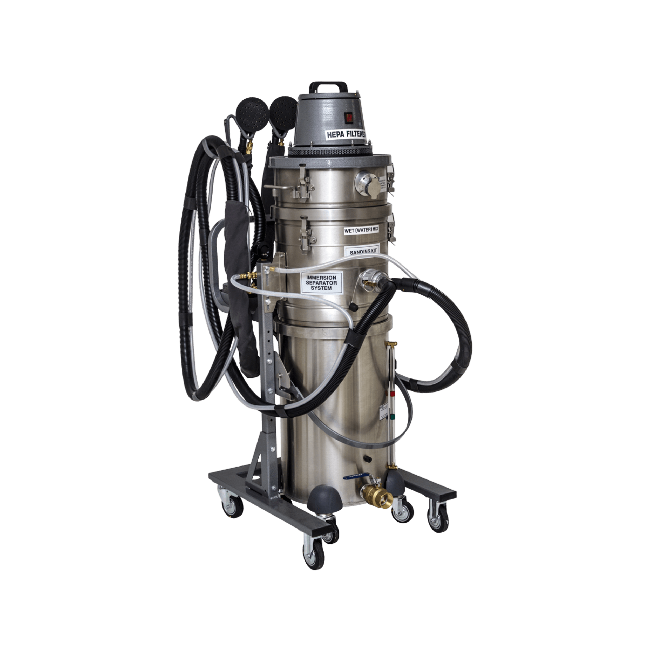 Industrial vacuum cleaner with a stainless steel body, hoses, and attachments, mounted on a mobile stand with wheels.