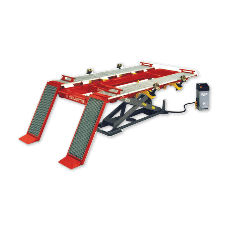 Celette Rhone L 4.2T drive-on bench with scissor lift, 5-meter platform and 9259-lb lifting capacity for collision repair shops.