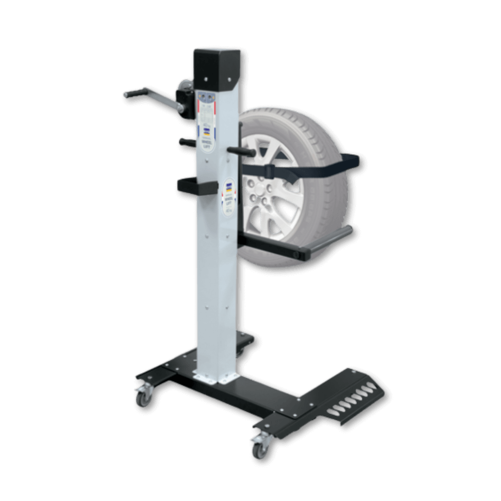 Manual wheel lift trolley reducing strain during wheel handling in auto repair and collision shops
