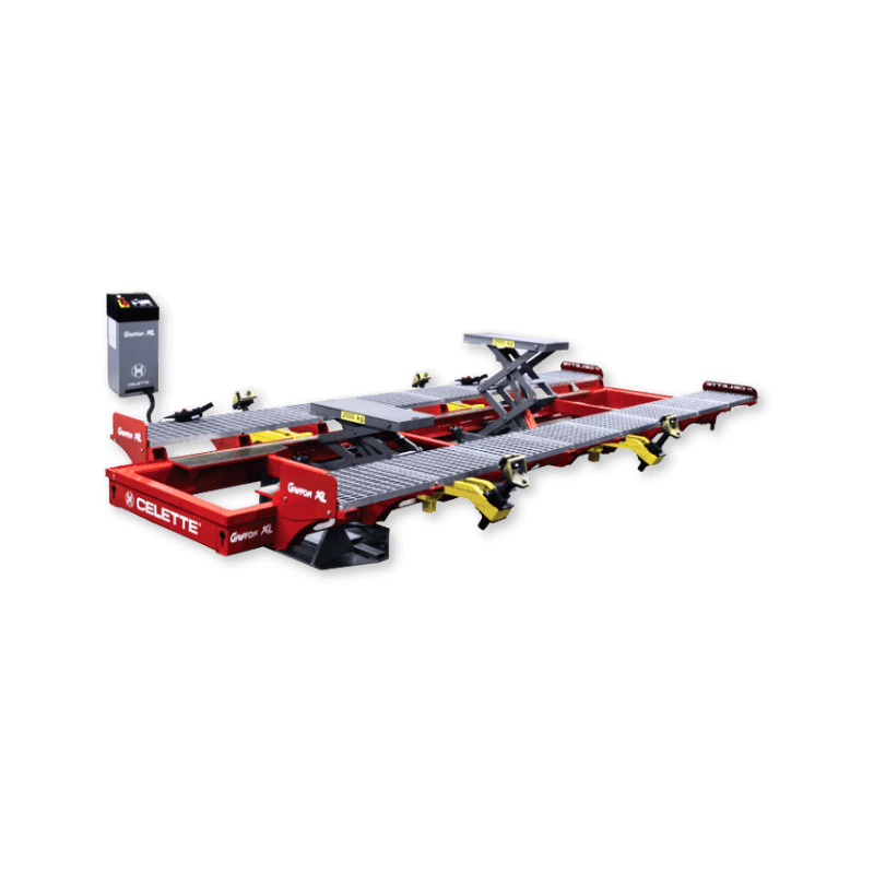 Celette Griffon XL extra-long collision repair bench with twin lifting system, hydraulic tilting, and integrated clamps for commercial vehicle repair.