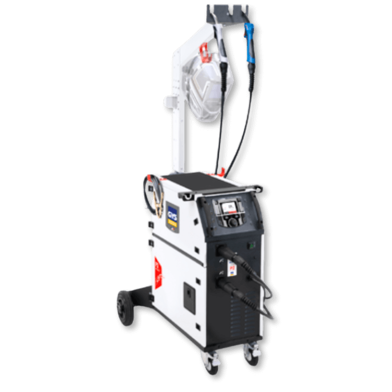 P2 GYS AUTO 220 A single-phase synergic MIG MAG welder with 2 wire feeders for steel, aluminum, and brazing alloys using pulse function.