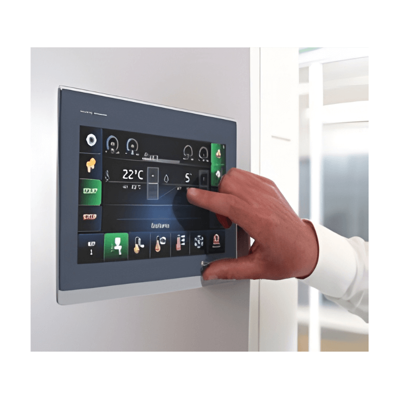 Touchscreen control panel used to operate automotive paint booth systems