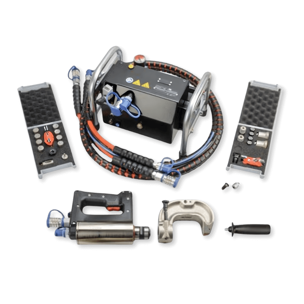 Universal 10-ton riveting system for UHSS and dissimilar materials in automotive, truck, and bus collision repair applications.