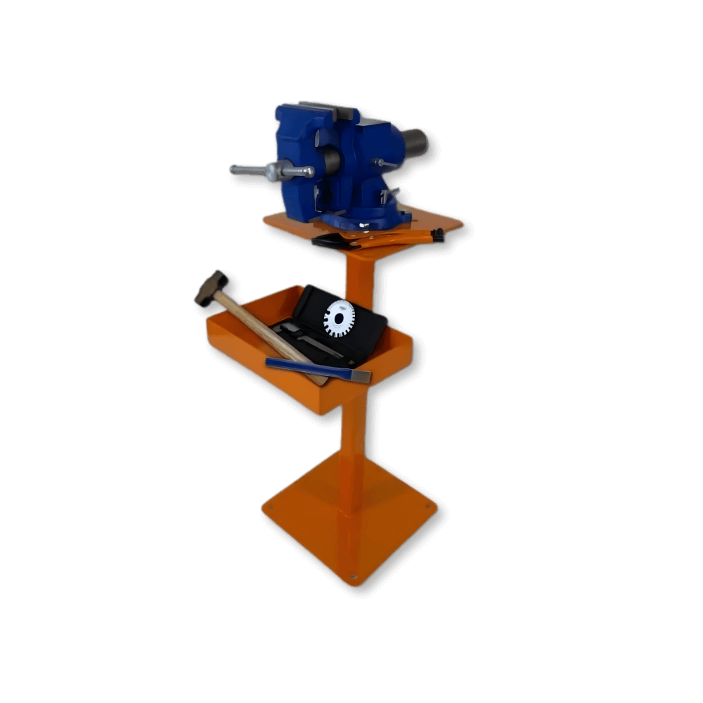 Heavy-duty welding vice stand with tool station for test welds, metal fabrication, and collision repair shop