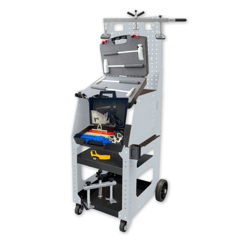 Hot glue dent repair kit using plastic tabs with aluminum hammers and pull bar included