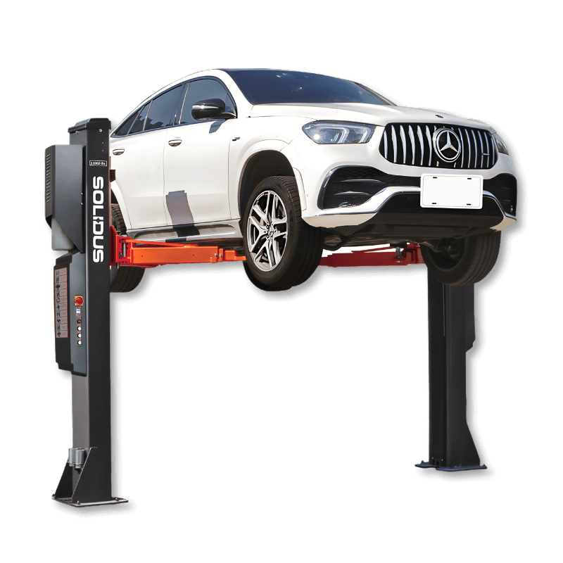 Wireless synchronized two-post vehicle lift with independent hydraulic power units, pure hydraulic drive, flexible three-stage arms, and unobstructed workspace