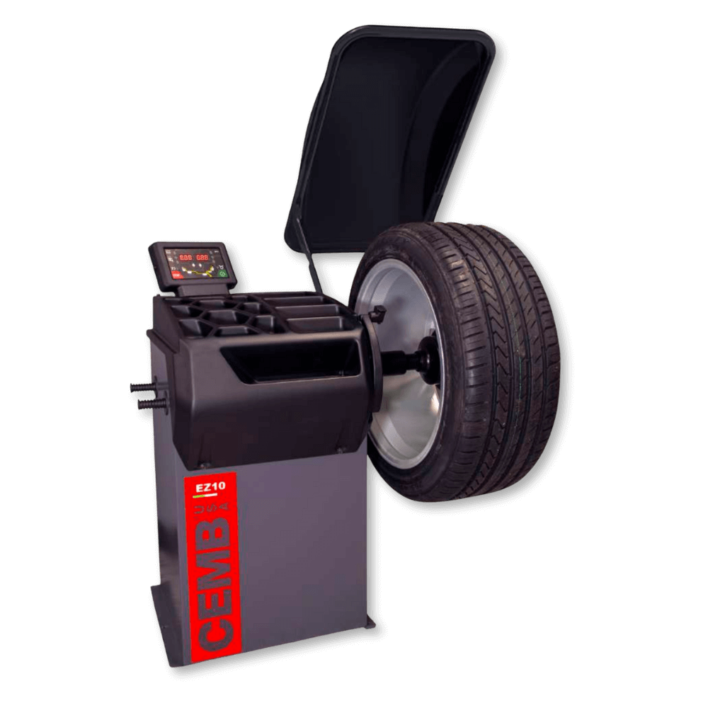 EZ10 wheel balancer with Auto Adaptive mode, Virtual Sonar technology, and electromagnetic brake for precision tire balancing