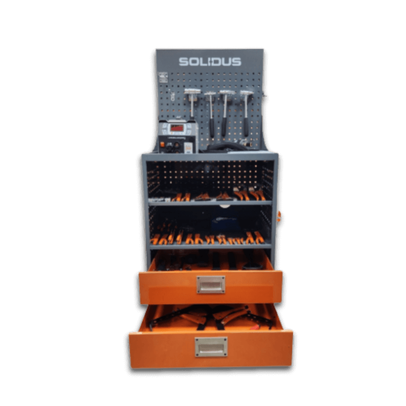 Aluminum cosmetic repair tool trolley with required tools and labeled storage meeting certified collision program standards