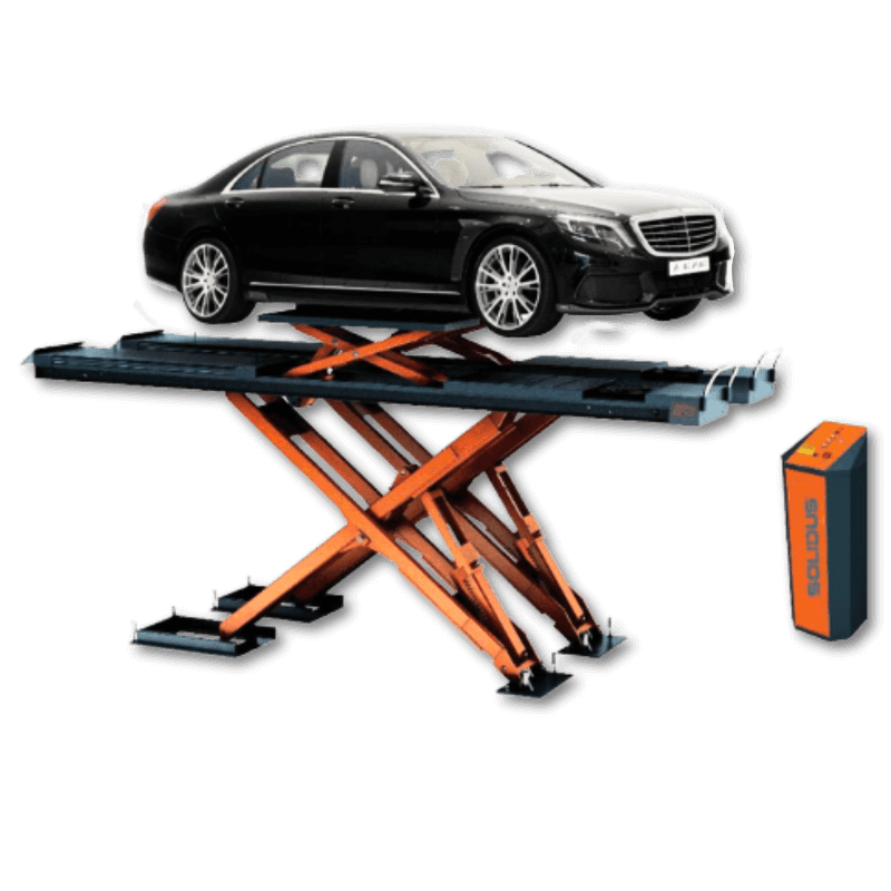 Long Platform Lift for auto body collision repair with long platform, wheel free lift, drive-on ramps, and safety locking system