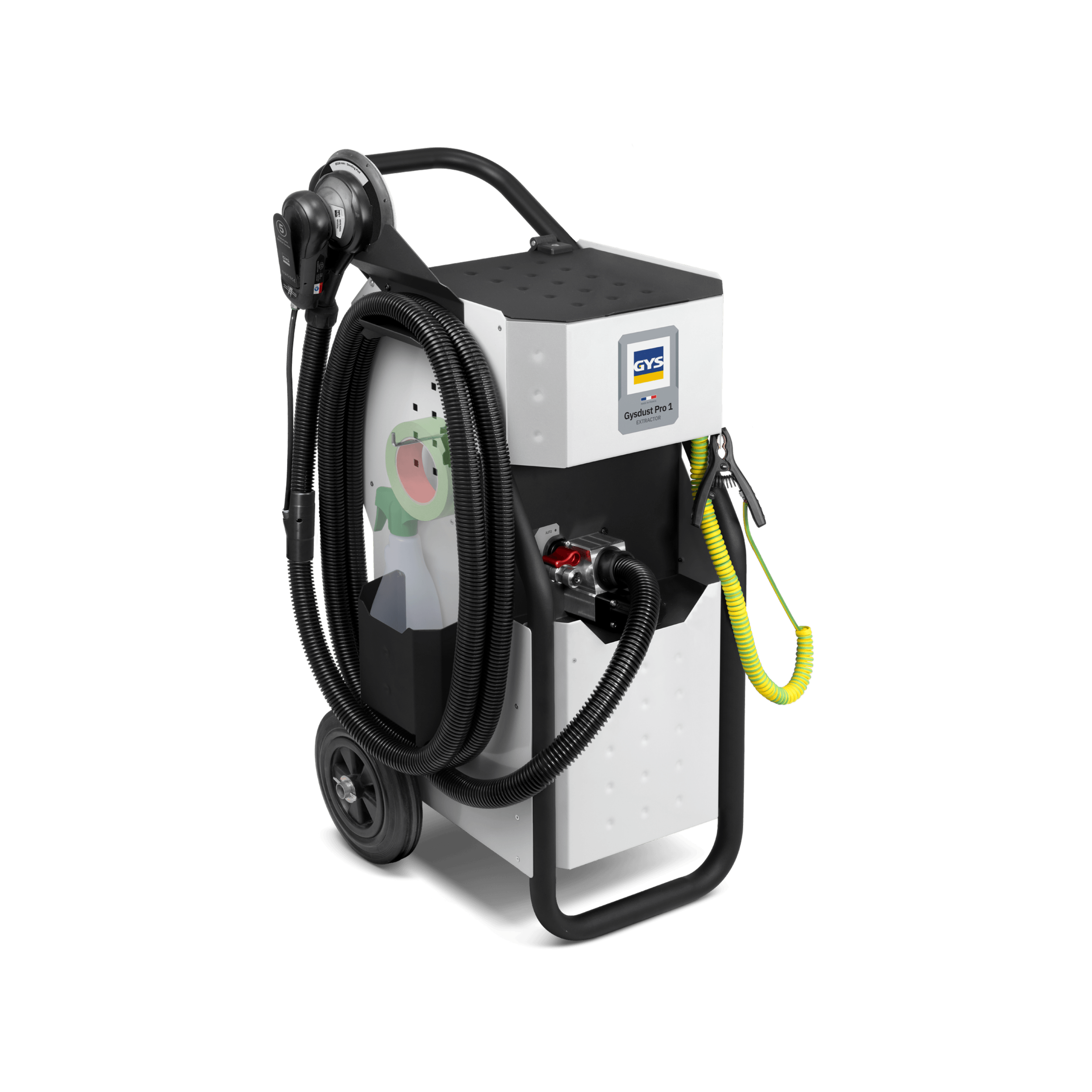 Industrial dust extractor with black hoses, a control panel, and wheels for mobility.