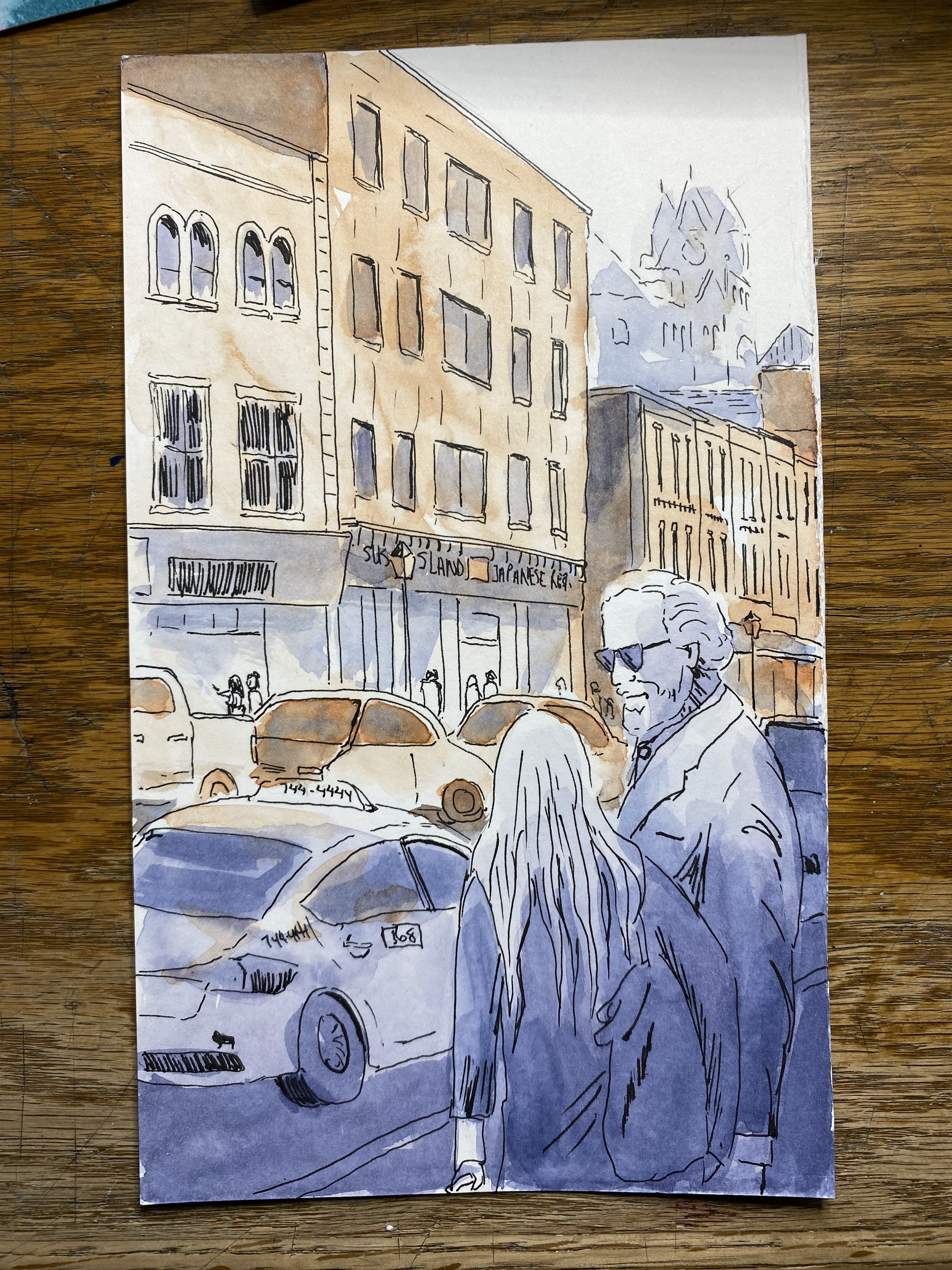 A watercolor street scene with a building, parked cars, and two people talking, viewed from behind.