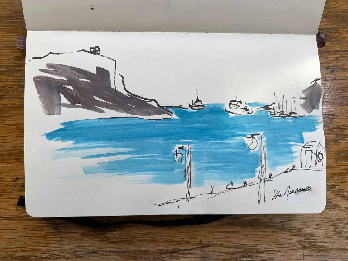 A sketch of a coastal scene with a rocky cliff on the left, boats in the water, and a dock with posts in the foreground.
