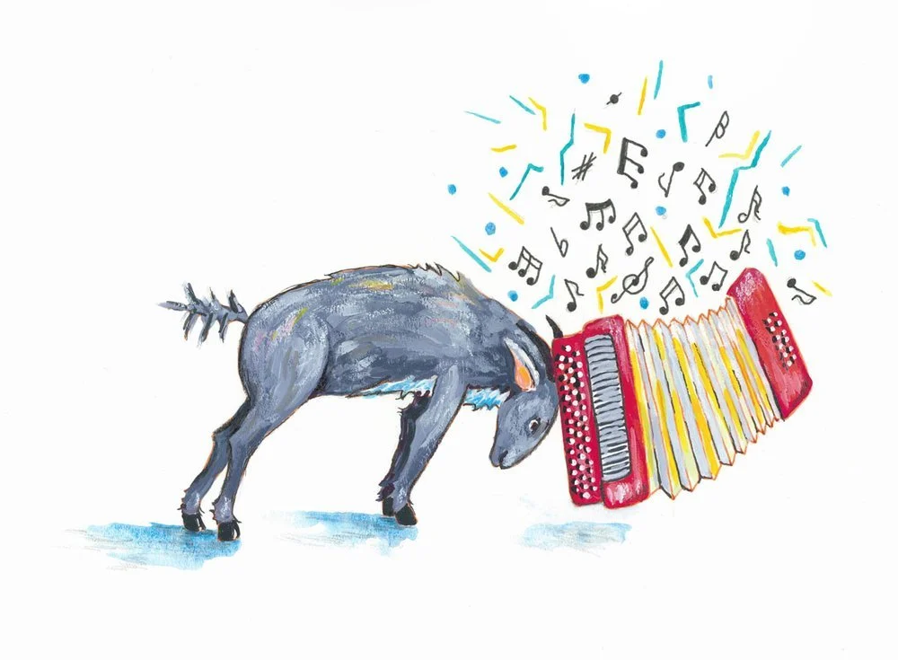 a goat heading butting an accordion