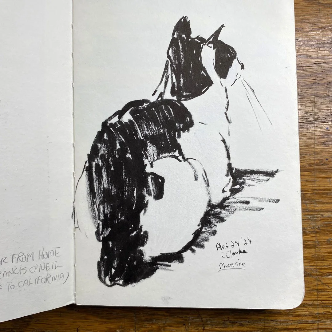 Black ink sketch of a sitting dog, facing to the right, with some handwritten notes and date in the bottom right corner.