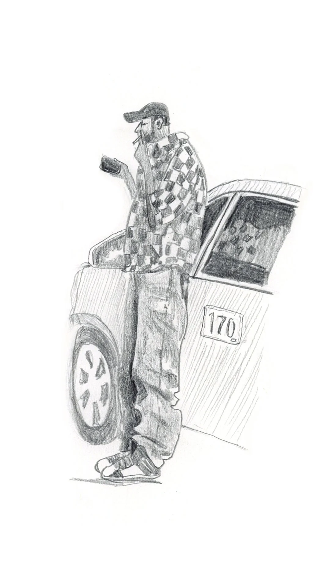 Sketch of a man with glasses and a beard, wearing a baseball cap, checkered shirt, and cargo pants, standing next to a car with the number '170' on its side, holding a phone.