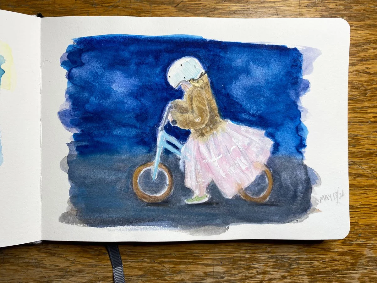 A watercolor painting of a girl riding a small bike at night, wearing a pink tutu, brown jacket, and blue helmet, against a dark blue background.