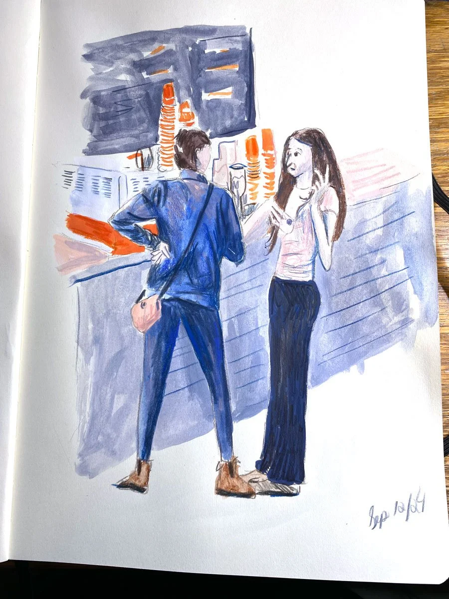 Painting of two women having a conversation at a counter, with a background of stacked paper cups and a window.