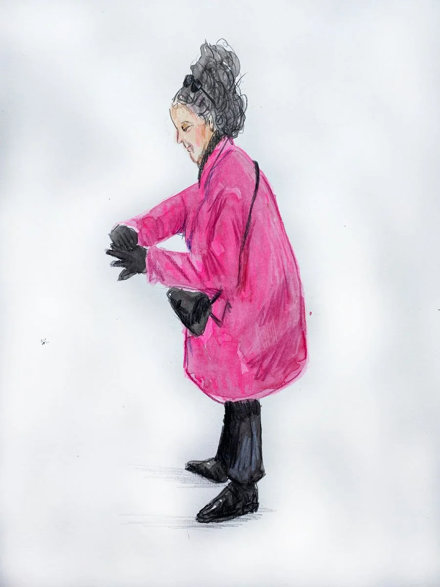 Hand-drawn illustration of a woman standing and looking at her watch, wearing a bright pink coat, black gloves, black pants, and black shoes.