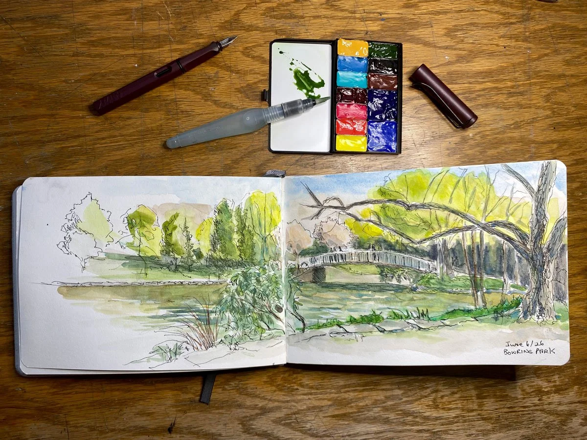 A watercolor sketch of Bowring Park features trees, a pond, a bridge, and greenery, created on June 26.