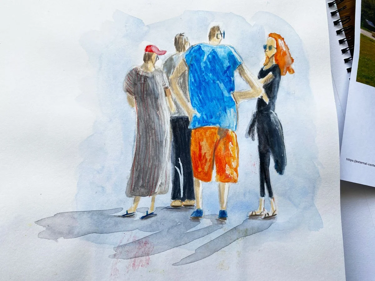 Watercolor illustration of four people standing together on a sidewalk, viewed from the back, with two men and two women, one woman with red hair and sunglasses, and they are dressed in casual summer clothing.