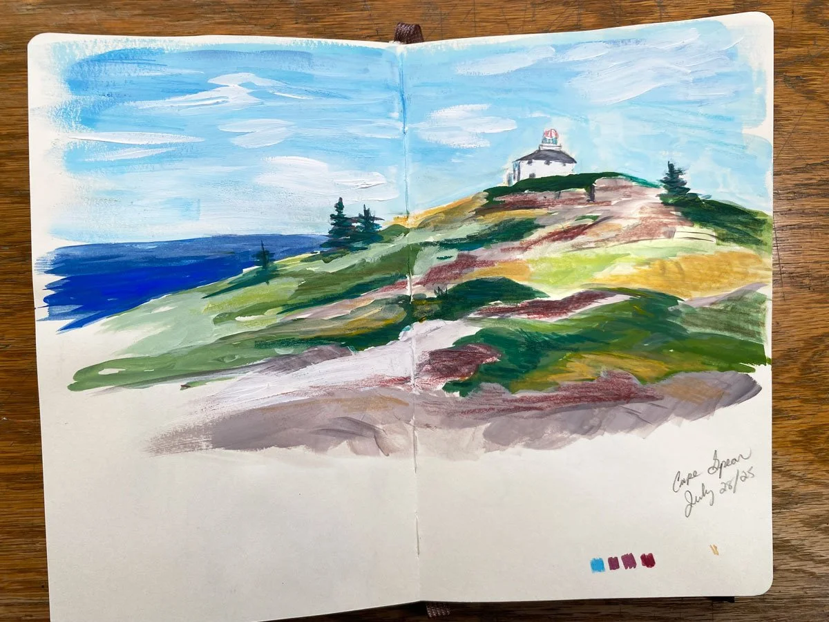 A watercolor landscape painting of a hilltop with a lighthouse at Cape Spear, July 2015. The scene features a colorful hillside with green, yellow, and brown patches, a few trees, and a blue sky with some clouds.