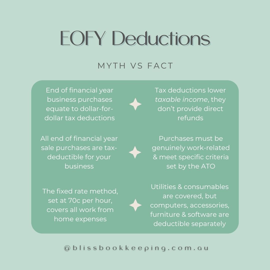EOFY sales can be a great time to invest in business essentials&mdash;but smart spending starts with knowing how tax deductions work. 💸

For 2024&ndash;2025, work-from-home expenses are deductible if they&rsquo;re job-related. Use the fixed rate met