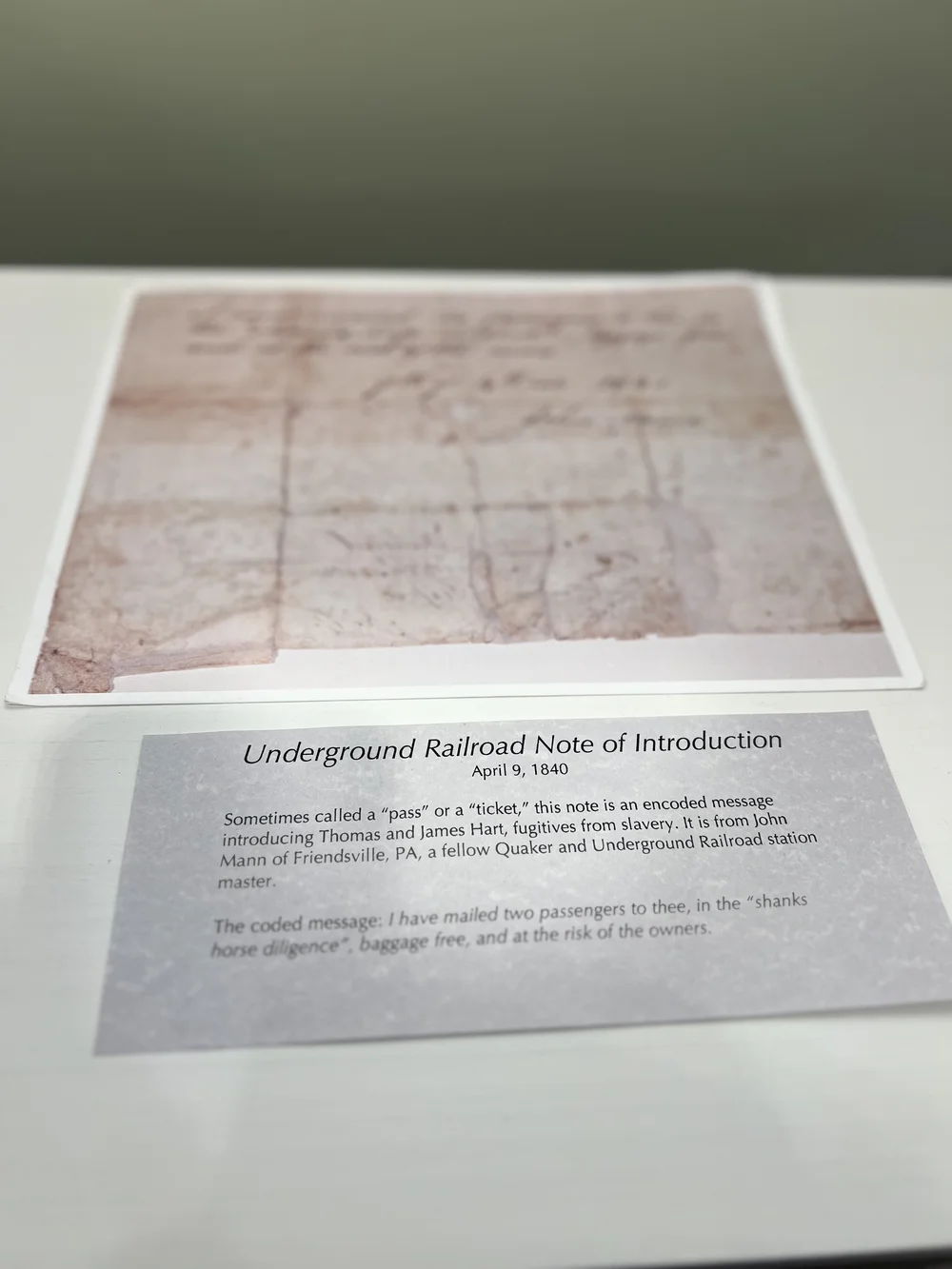 Picture of an original Underground Railroad Note of Introduction