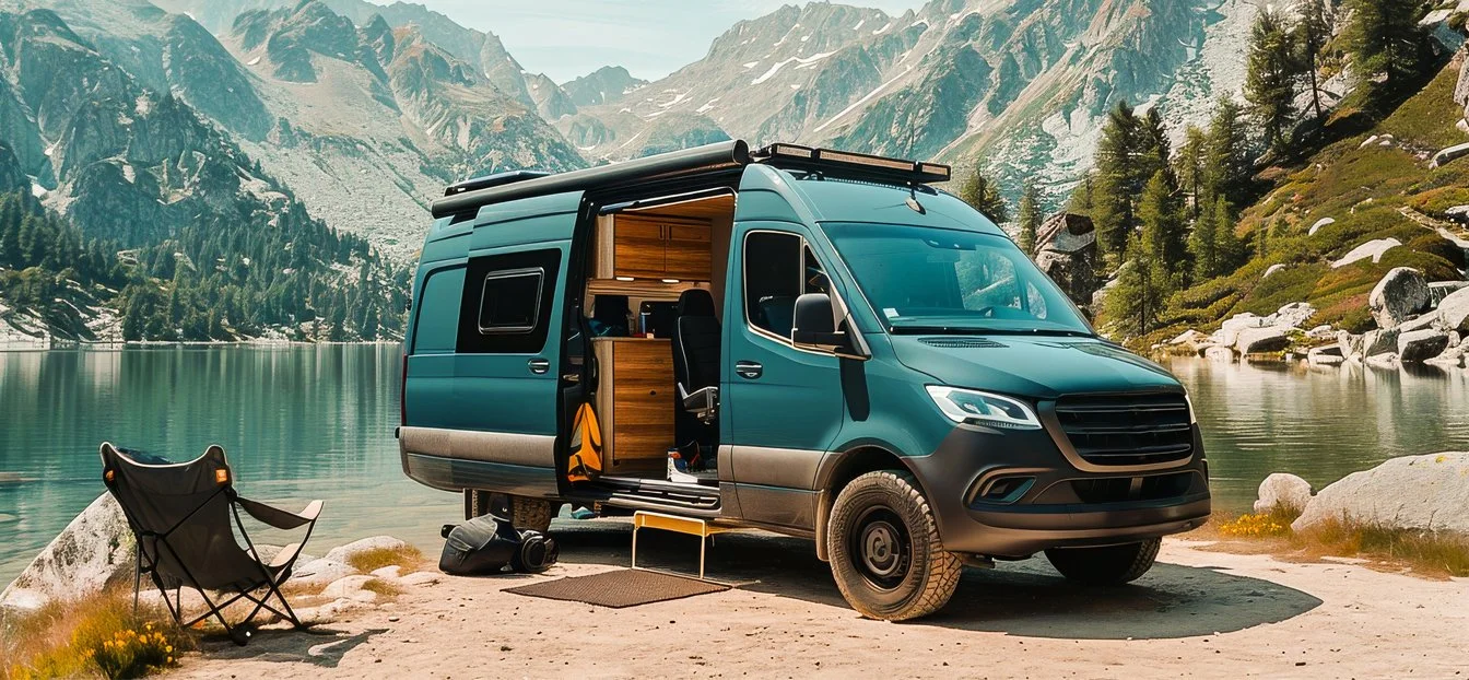 camper van parked at a campsite in front of a lake in the mountains