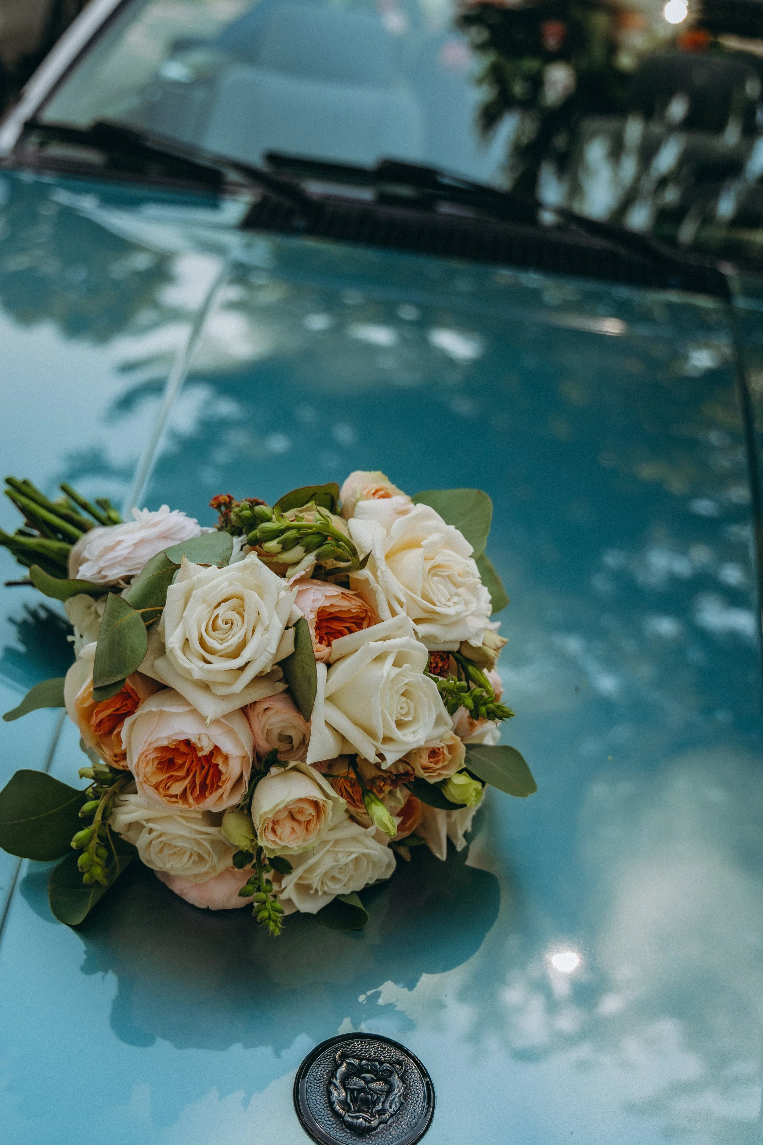A bouquet of white and peach roses resting on the hood of a teal vintage car with a lion emblem.