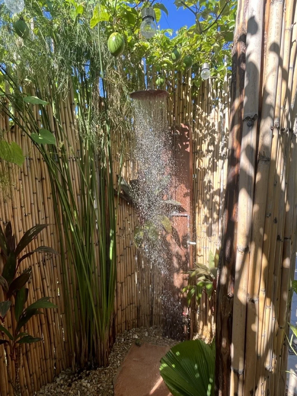 Open-air garden shower at Baja botanical wellness retreat