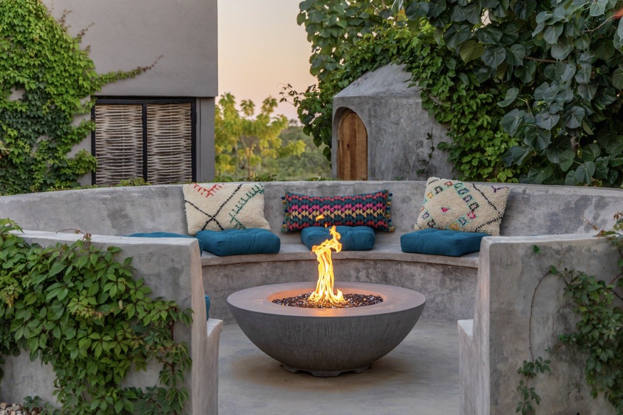 Fire pit lounge at Casa Kura Kura wellness retreat, East Cape Baja