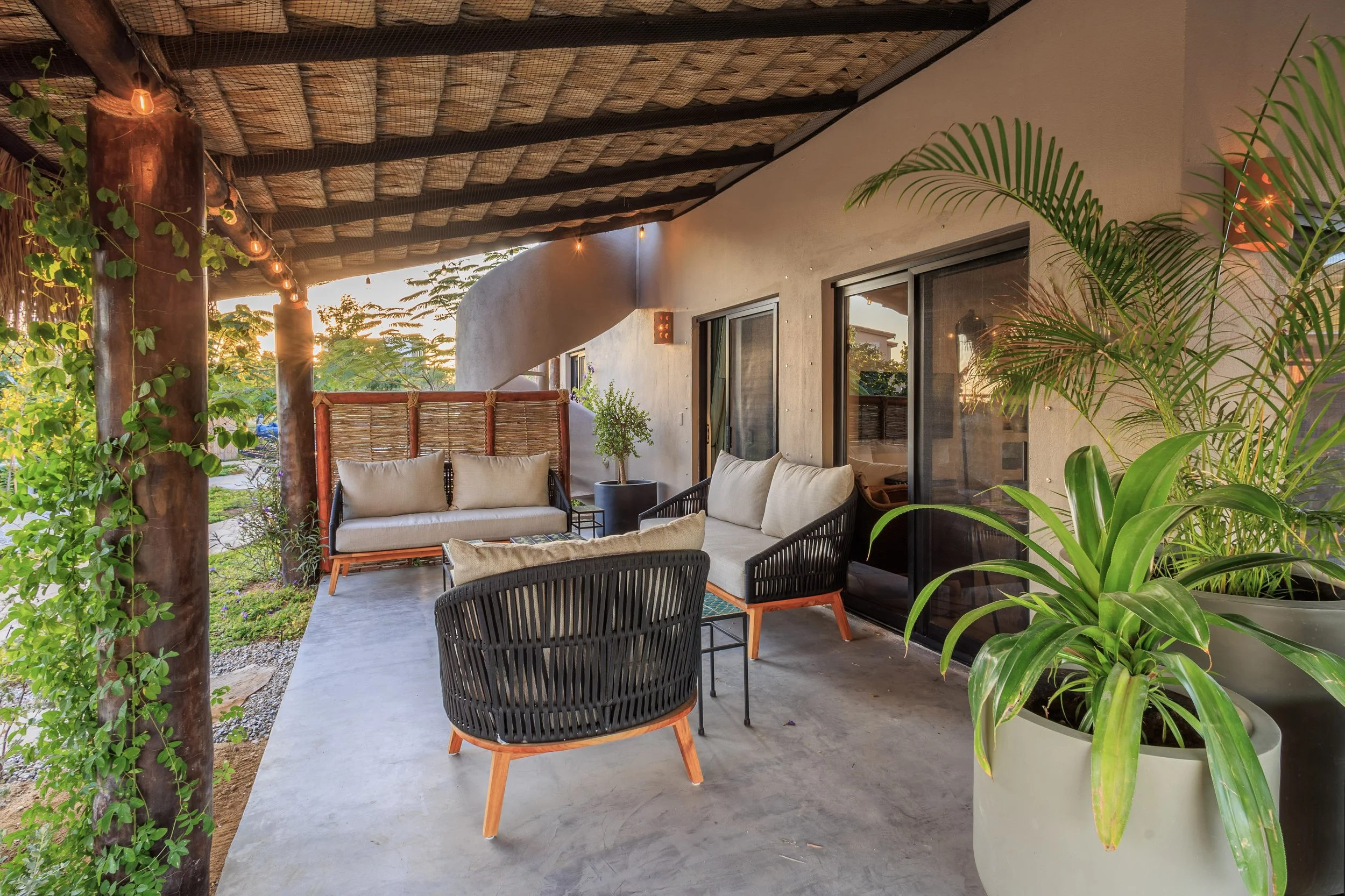 Sunset patio lounge at plant medicine retreat in Baja California Sur