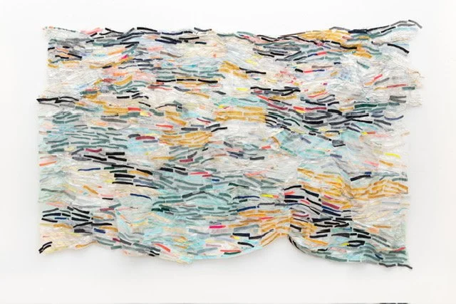 Ashore machine sewn fabric and denim collage on voile 60x96”
